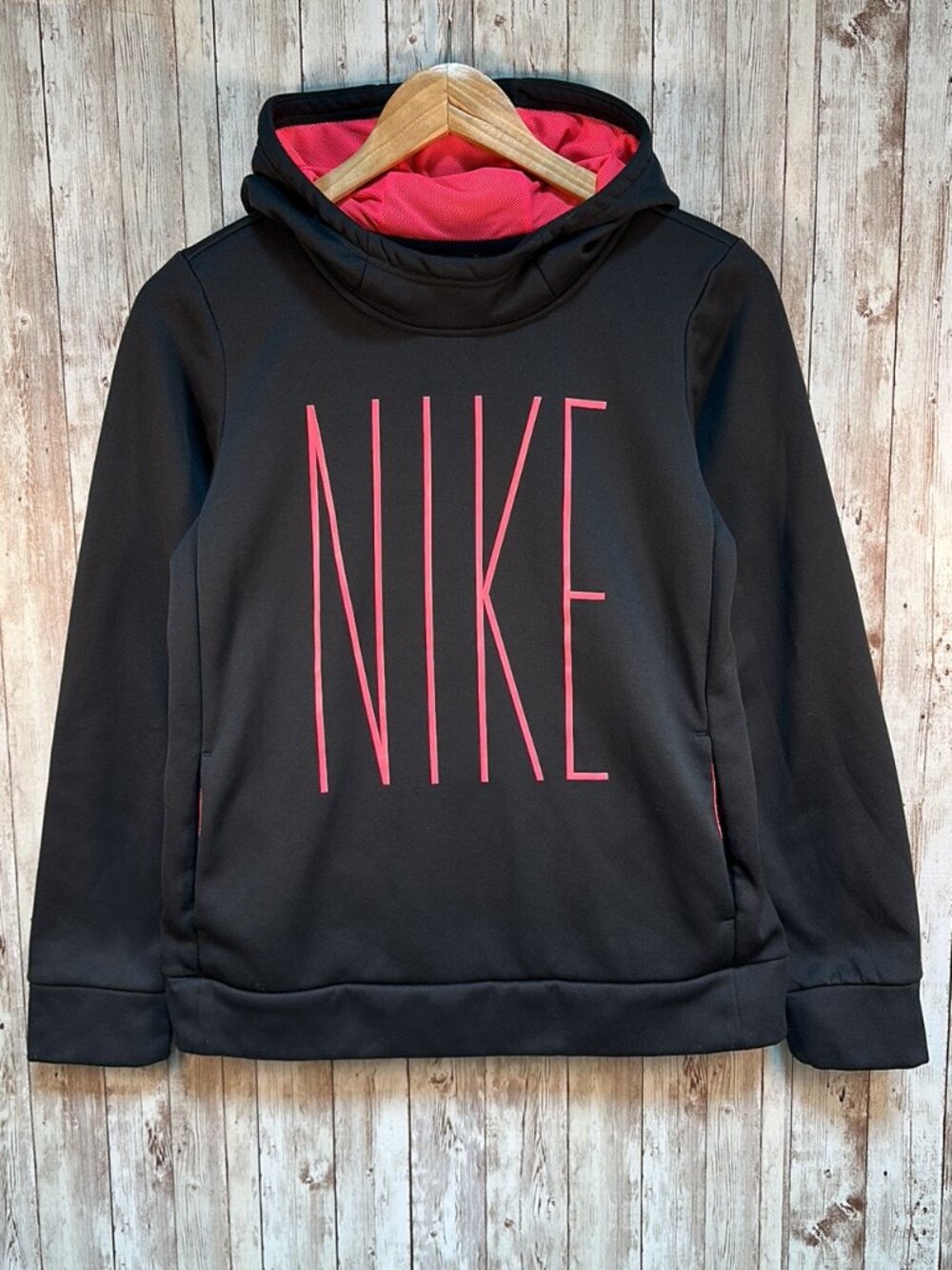 Nike Girls Logo Sweatshirt sz XL Dry-Fit Spell Out Pocket Black Pink Hood Fleece